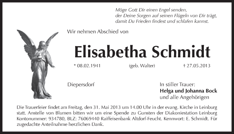  Traueranzeige für Elisabetha Schmidt vom 30.05.2013 aus Pegnitz-Zeitung